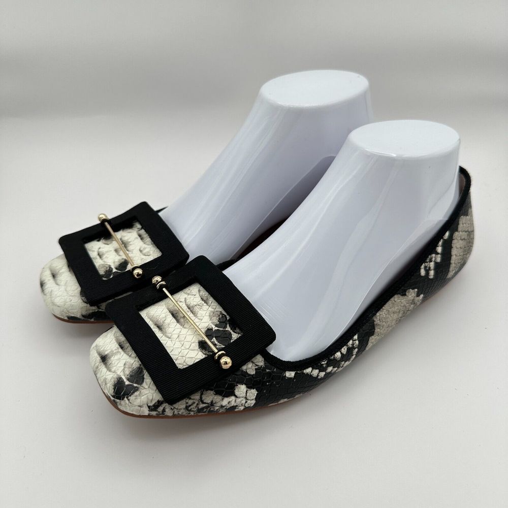 Zac Posen Vonte‎ Skimmer Flat Shoes 7M Black White Snake Leather Formal Office